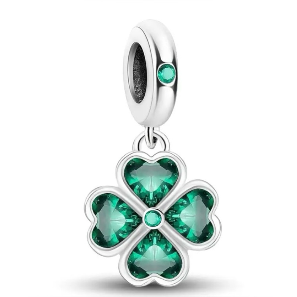 Elegant Silver and Four Leaf Green Clover Charm Pendant